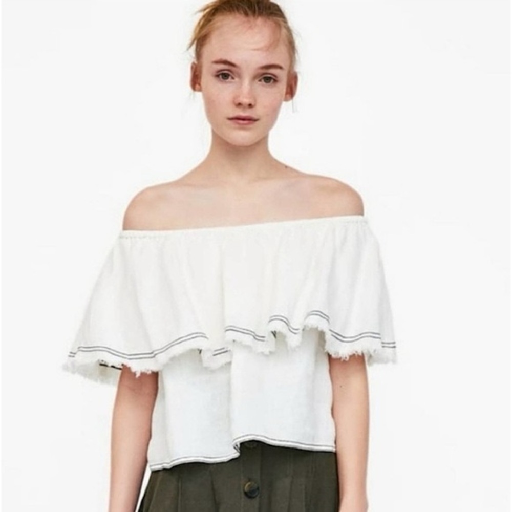 ZARA WOMAN 100% LINEN Top Ruffle Off Shoulder Crop PORTUGAL🇵🇹MADE Size SMALL